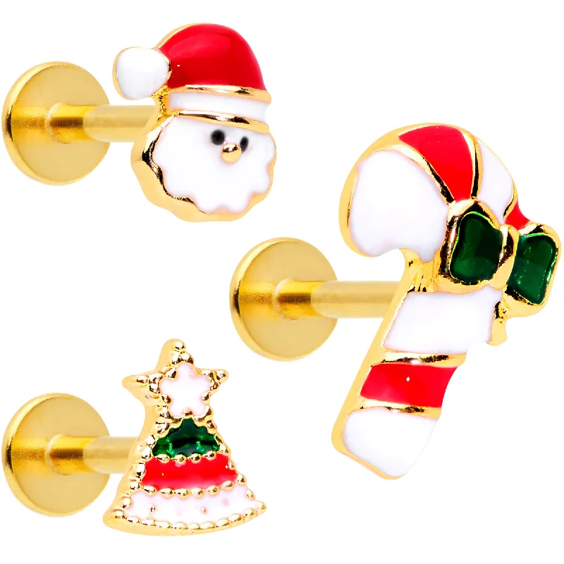 Elegant Lip Rings for Refined Style16 Gauge 5/16 Gold Tone Candy Cane Santa Tree Labret Tragus Set of 3