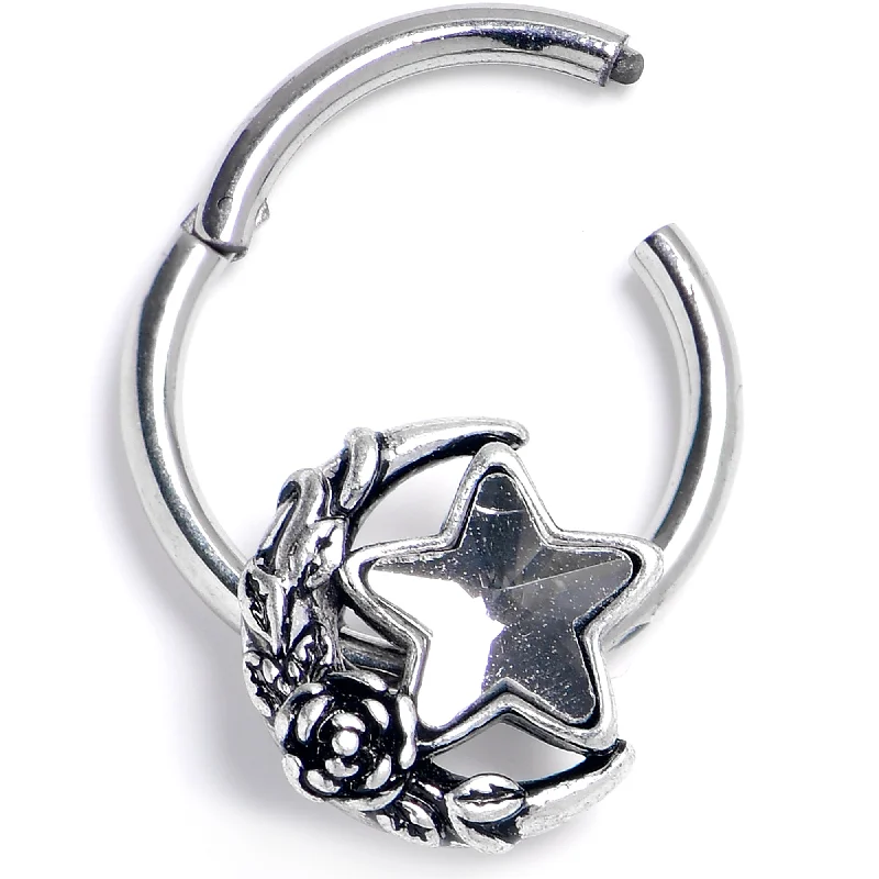 Women's Earrings – Elegant Designs for Every Personality--16 Gauge 3/8 Clear Gem Ornate Moon Star Hinged Segment Ring Women's Earrings – Elegant Designs for Every Personality--16 Gauge 3/8 Clear Gem Ornate Moon Star Hinged Segment Ring