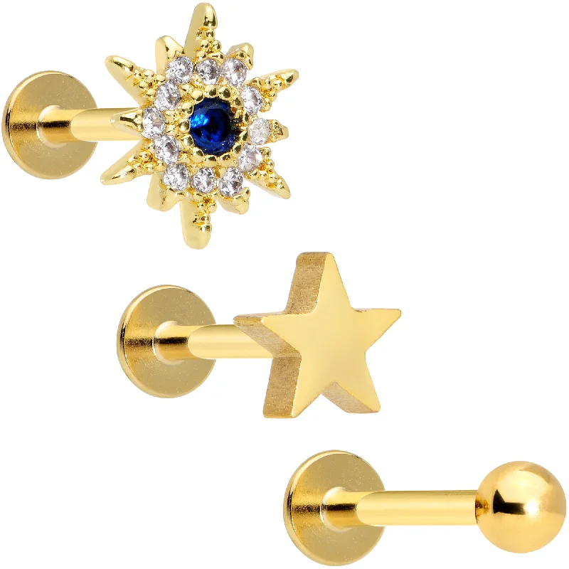Comfortable Lip Rings for Sensitive Piercings16 Gauge 5/16 Blue Clear Gem Gold Tone Star Labret Tragus Set of 3