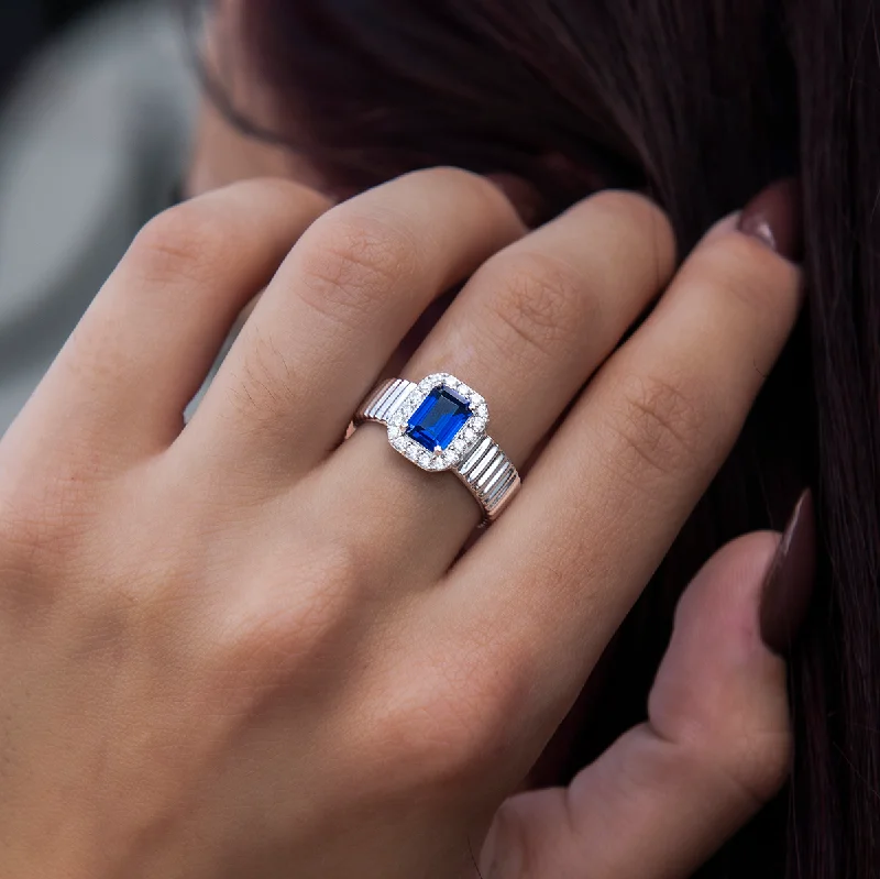 Chic Women's Rings for Fashion-Forward Looks-Diamond Emerald Cut Sapphire Textured Ring in White Gold Vermeil