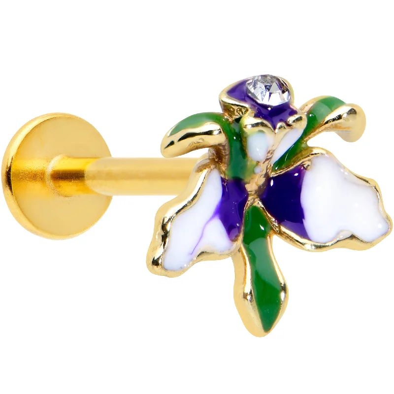 Designer Lip Rings for Fashion-Forward Women16 Gauge 5/16 Clear Gem Gold Tone Iris Flower Labret Monroe Tragus