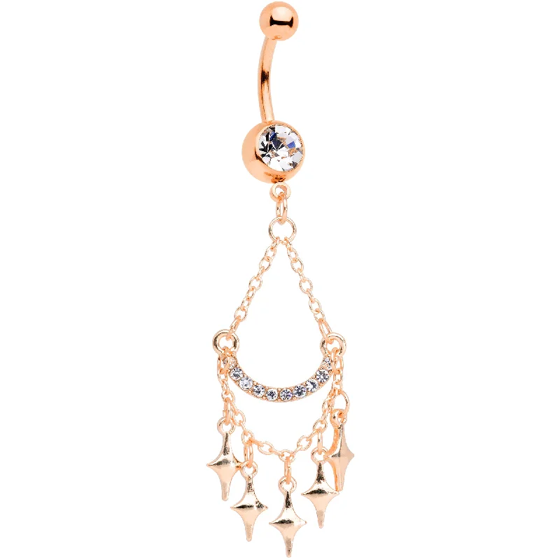 Elegant Belly Rings for Fashion-Forward Looks -Clear Gem Rose Gold Tone Double Drama Chandelier Dangle Belly Ring Elegant Belly Rings for Fashion-Forward Looks -Clear Gem Rose Gold Tone Double Drama Chandelier Dangle Belly Ring