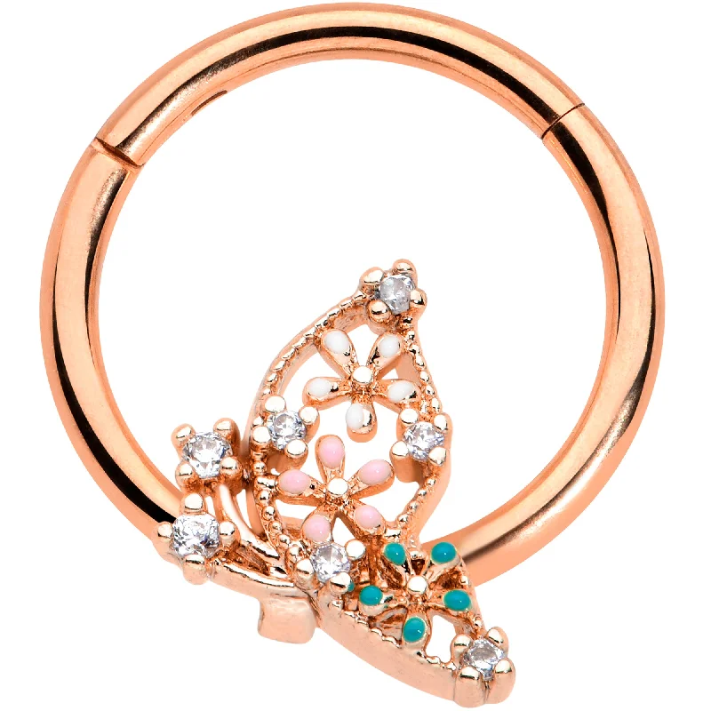 Stylish Nose Rings with Personalized Touch -16 Gauge 3/8 Clear CZ Gem Rose Gold Tpne Abstract Hinged Segment Ring Stylish Nose Rings with Personalized Touch -16 Gauge 3/8 Clear CZ Gem Rose Gold Tpne Abstract Hinged Segment Ring