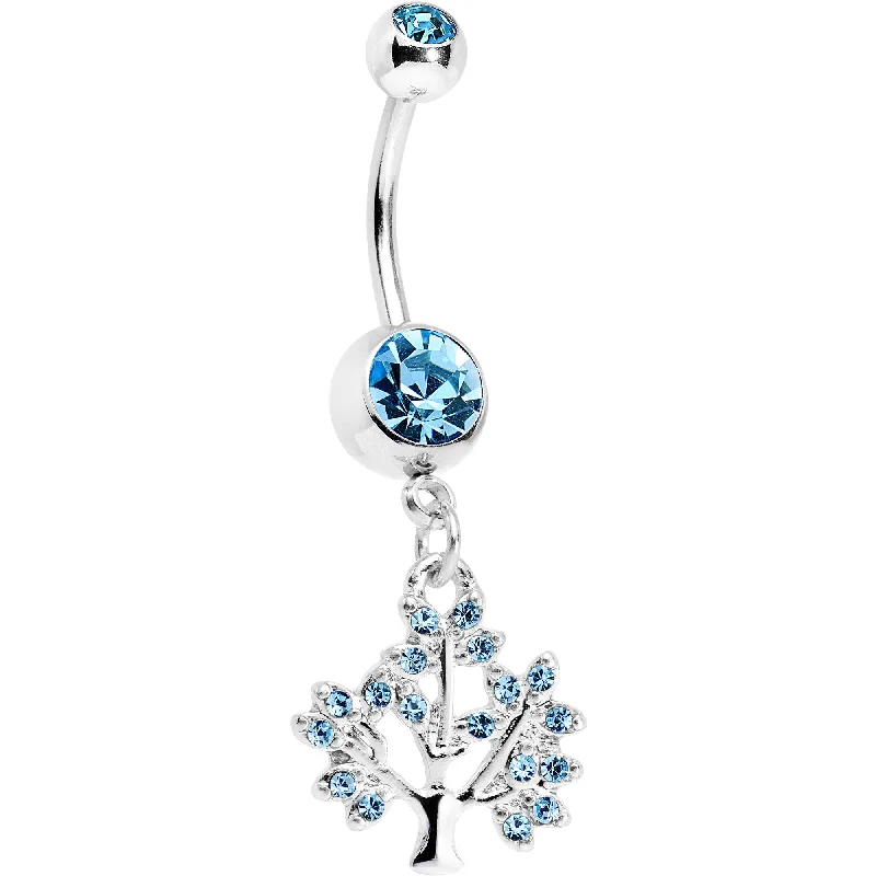 Designer Belly Rings for Exclusive Fashion -Aqua Gem Steel Tree of Life Dangle Belly Ring Designer Belly Rings for Exclusive Fashion -Aqua Gem Steel Tree of Life Dangle Belly Ring