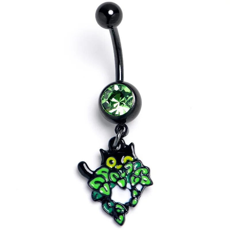 Unique Belly Rings for Statement Fashion -Green Gem Black Pouncing Cat Dangle Belly Ring Unique Belly Rings for Statement Fashion -Green Gem Black Pouncing Cat Dangle Belly Ring