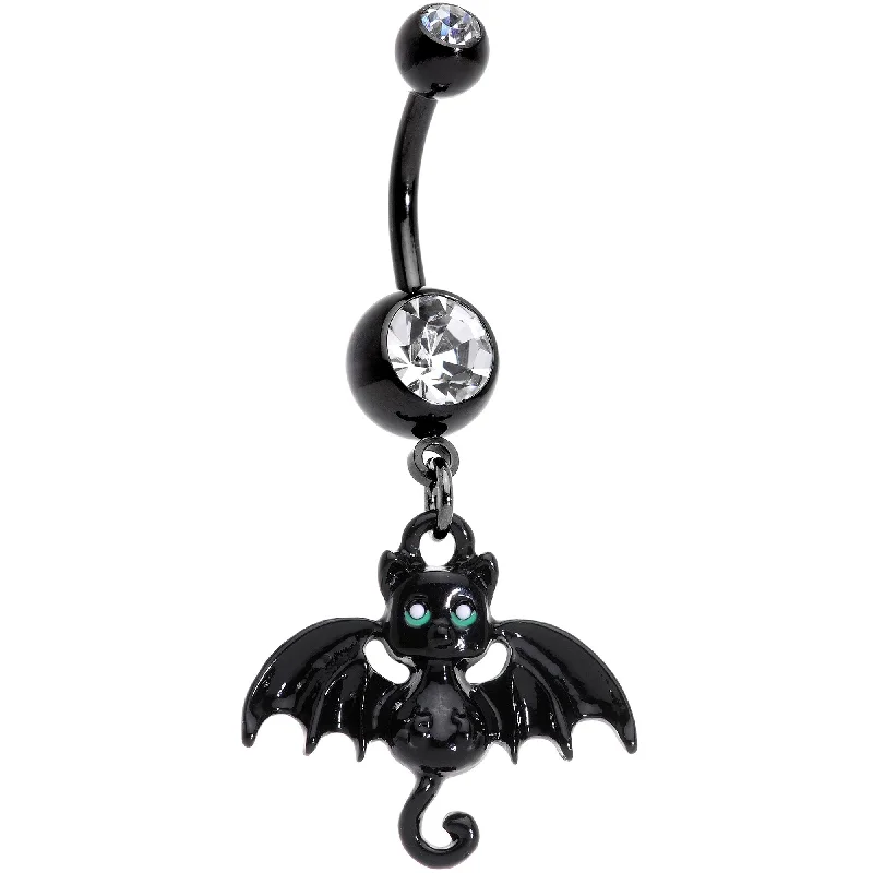 Trendy Belly Rings for Creative Designs -Clear Gem Black Halloween Bat Dangle Belly Ring Trendy Belly Rings for Creative Designs -Clear Gem Black Halloween Bat Dangle Belly Ring