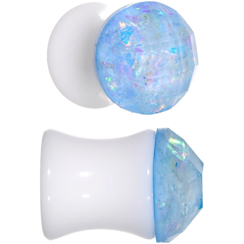 Women's Earrings – Elegant Designs for Every Personality--White Acrylic Aqua Galaxy Faceted Saddle Plug Set