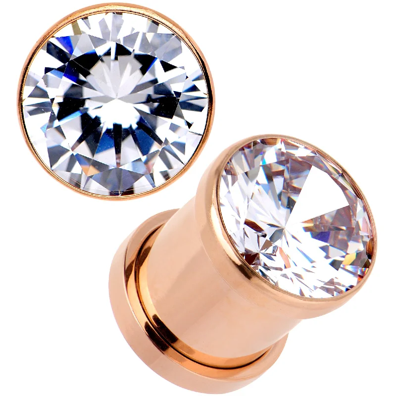 Women's Earrings – Elegant Designs for Every Personality--Clear CZ Gem Rose Gold PVD Glitzy Screw Fit Tunnel Plug Set