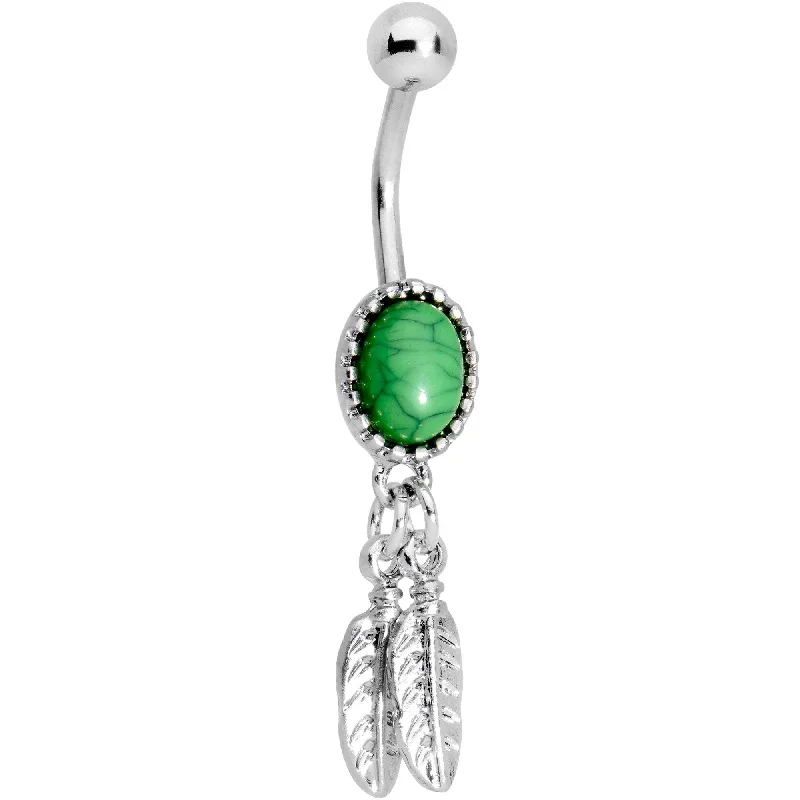 Comfortable Belly Rings for Dazzling FashionSouthwestern Green Orb Double Feather Dangle Belly Ring Comfortable Belly Rings for Dazzling FashionSouthwestern Green Orb Double Feather Dangle Belly Ring