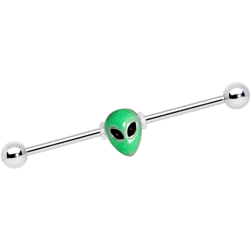 Women's Earrings – Elegant Designs for Every Personality--14 Gauge Green Glow in the Dark Space Alien Industrial Barbell 38mm