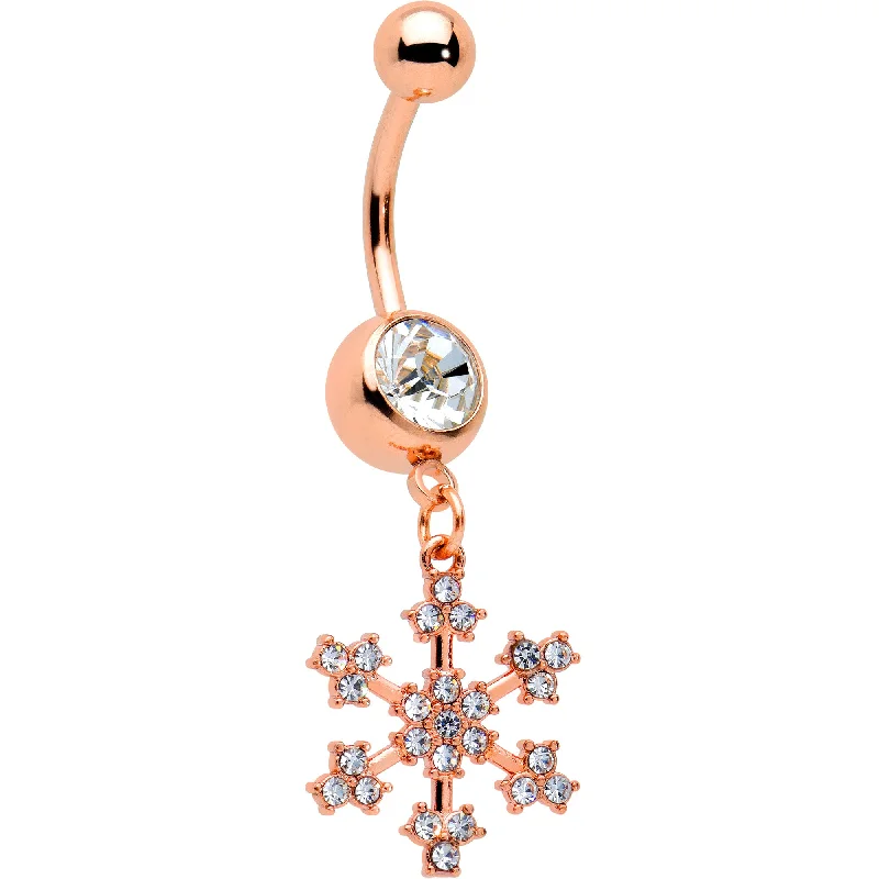 Comfortable Belly Rings for Chic Comfort -Clear Gem Rose Gold Tone Square Snowflake Holiday Dangle Belly Ring Comfortable Belly Rings for Chic Comfort -Clear Gem Rose Gold Tone Square Snowflake Holiday Dangle Belly Ring