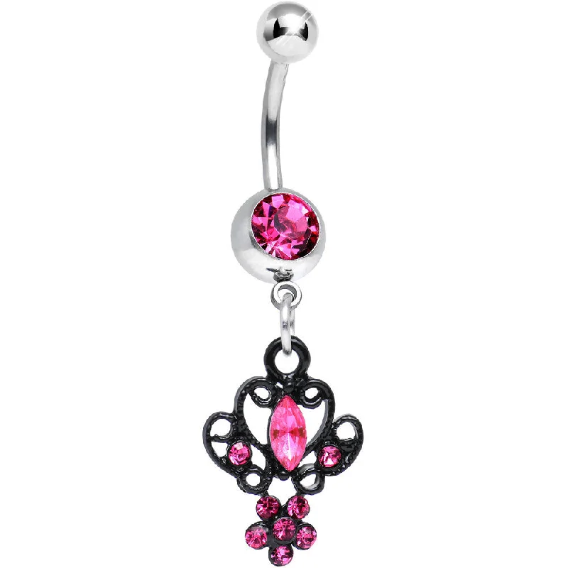 Comfortable Belly Rings with Adjustable Fit -Pink Gem Black Brussels Lace and Flower Dangle Belly Ring Comfortable Belly Rings with Adjustable Fit -Pink Gem Black Brussels Lace and Flower Dangle Belly Ring