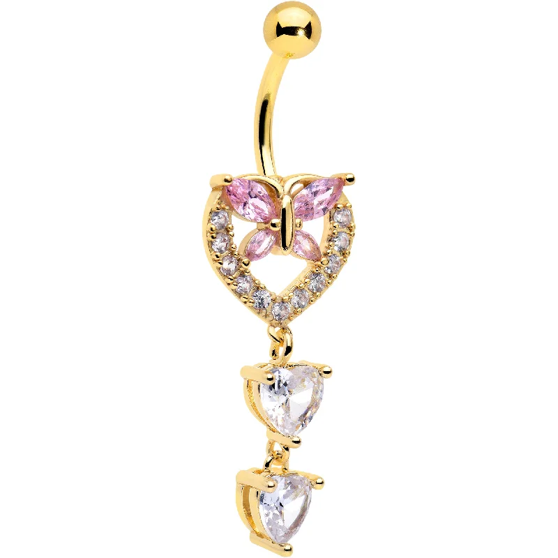 Trendy Belly Rings with Elegant Shine -Clear Pink CZ Gem Gold Tone Heart Butterfly Double Dangle Belly Ring Trendy Belly Rings with Elegant Shine -Clear Pink CZ Gem Gold Tone Heart Butterfly Double Dangle Belly Ring