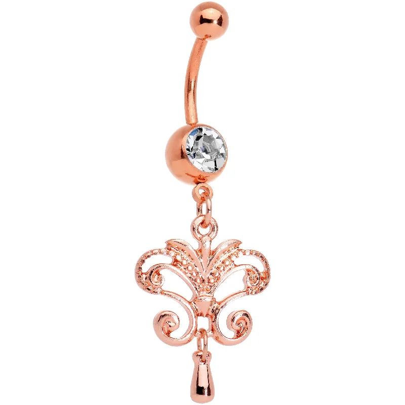 Chic Belly Rings with Gemstone Accents -Clear Gem Rose Gold Tone Anodized Chandelier Double Dangle Belly Ring Chic Belly Rings with Gemstone Accents -Clear Gem Rose Gold Tone Anodized Chandelier Double Dangle Belly Ring
