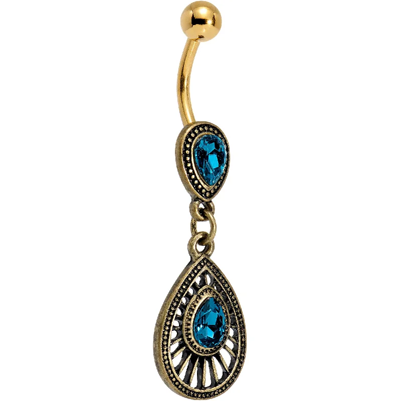 Trendy Belly Rings for Fashion-Loving Women -Navy Blue Gem Gold PVD Dewdrop Deco Dangle Belly Ring Trendy Belly Rings for Fashion-Loving Women -Navy Blue Gem Gold PVD Dewdrop Deco Dangle Belly Ring