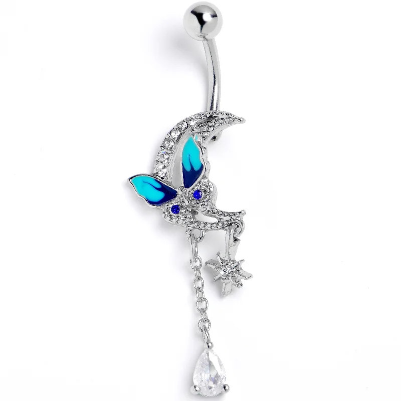 Comfortable Belly Rings for Casual Wear -Clear Gem Butterfly Blue Beauty Dangle Belly Ring Comfortable Belly Rings for Casual Wear -Clear Gem Butterfly Blue Beauty Dangle Belly Ring
