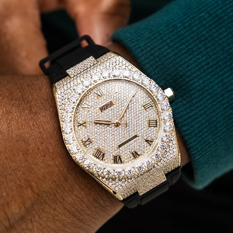Fashionable Watches for Men-42MM Fully Iced Alpha Era® Gold w/ Rubber Strap