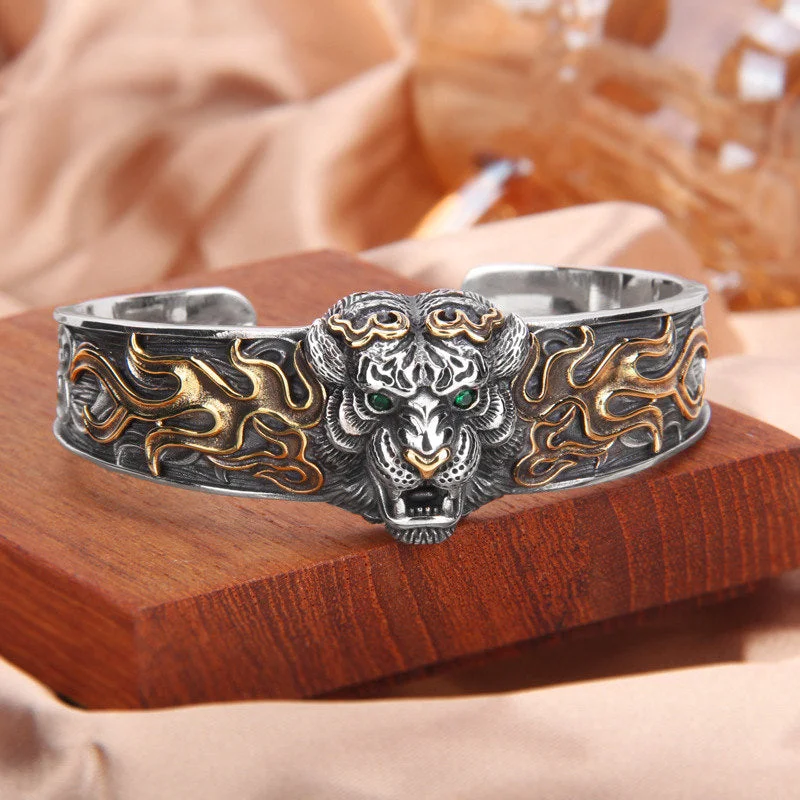 Men's Bracelets with Inspirational Quotes-Buddha Stones 925 Sterling Silver Chinese Zodiac Tiger Keep Away Evil Spirits Bracelet Bangle Men's Bracelets with Inspirational Quotes-Buddha Stones 925 Sterling Silver Chinese Zodiac Tiger Keep Away Evil Spirits Bracelet Bangle