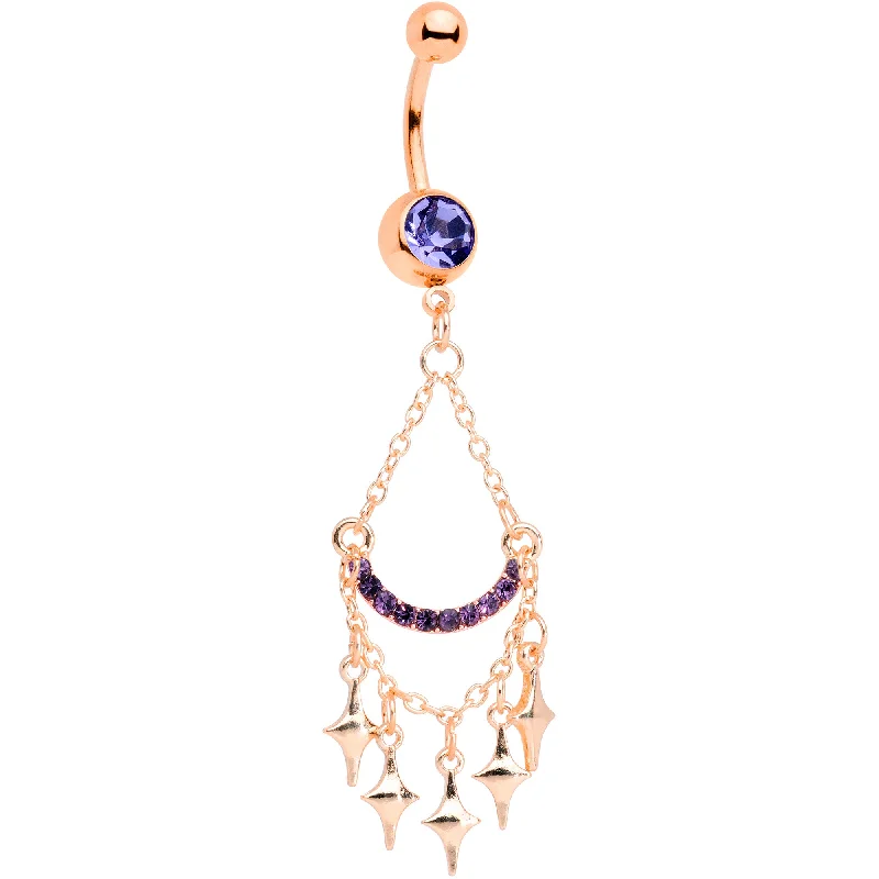 Comfortable Belly Rings for Sensitive Piercings -Purple Gem Rose Gold Tone Double Drama Chandelier Dangle Belly Ring Comfortable Belly Rings for Sensitive Piercings -Purple Gem Rose Gold Tone Double Drama Chandelier Dangle Belly Ring