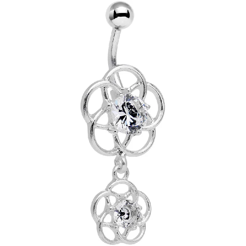 Stunning Belly Rings for Bold Fashion -Clear Gem Framework Double Flower Dangle Belly Ring Stunning Belly Rings for Bold Fashion -Clear Gem Framework Double Flower Dangle Belly Ring
