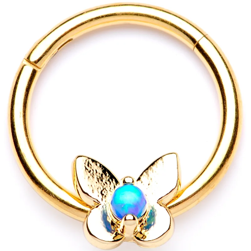 Nose Rings for Bold Fashion -16 Gauge 3/8 Blue Synthetic Opal Bashful Butterfly Hinged Segment Ring