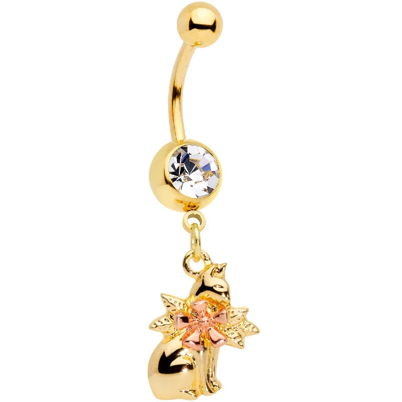 Comfortable Belly Rings with Beautiful Detailing -Clear Gem Gold Tone Kitty Cat With A Corsage Dangle Belly Ring Comfortable Belly Rings with Beautiful Detailing -Clear Gem Gold Tone Kitty Cat With A Corsage Dangle Belly Ring