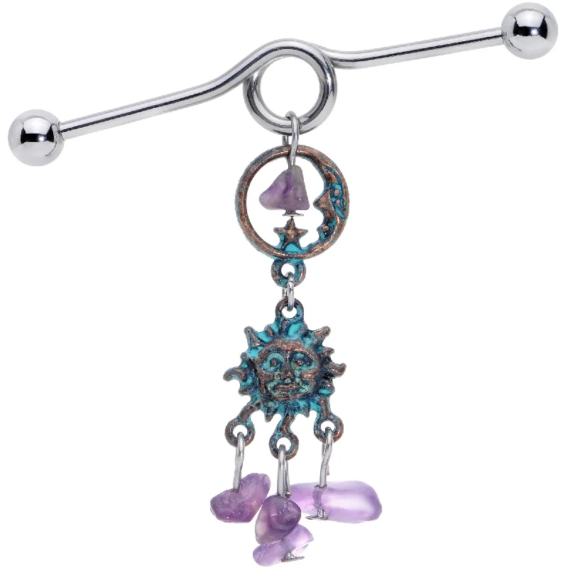 Women's Earrings – Elegant Designs for Every Personality--14 Gauge Purple Gem Solstice Sun Moon Dangle Halloween Industrial Barbell 38mm