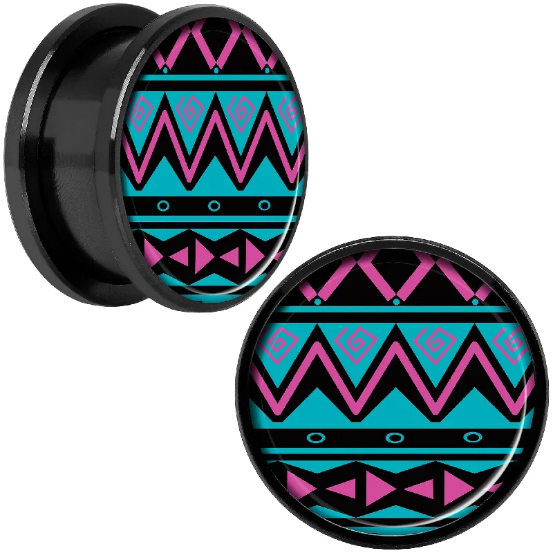 Women's Earrings – Elegant Designs for Every Personality--Pink Teal Tribal Print Black Anodized Screw Fit Plug Set 18mm Women's Earrings – Elegant Designs for Every Personality--Pink Teal Tribal Print Black Anodized Screw Fit Plug Set 18mm
