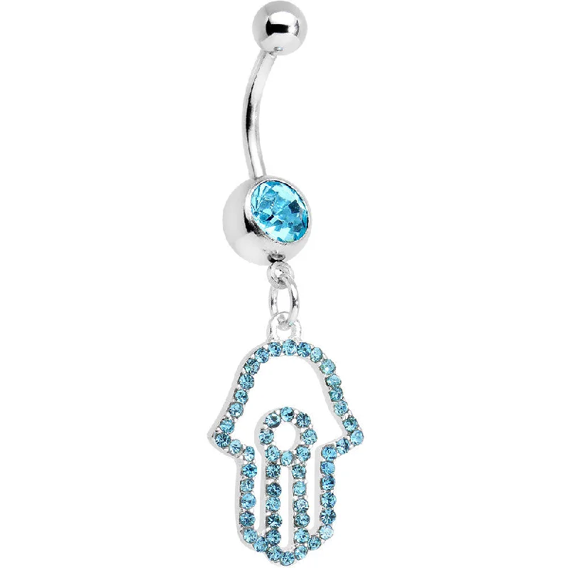 Trendy Belly Rings for Fashion-Loving Women -Aqua Paved Hamsa Hand Dangle Belly Ring