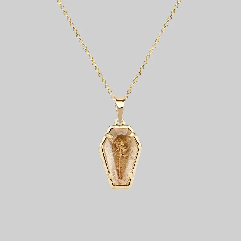 Shop Classic Women's Necklaces & Pendants with a Modern Twist-REBIRTH. Rose Under Glass Coffin Necklace - Gold Shop Classic Women's Necklaces & Pendants with a Modern Twist-REBIRTH. Rose Under Glass Coffin Necklace - Gold