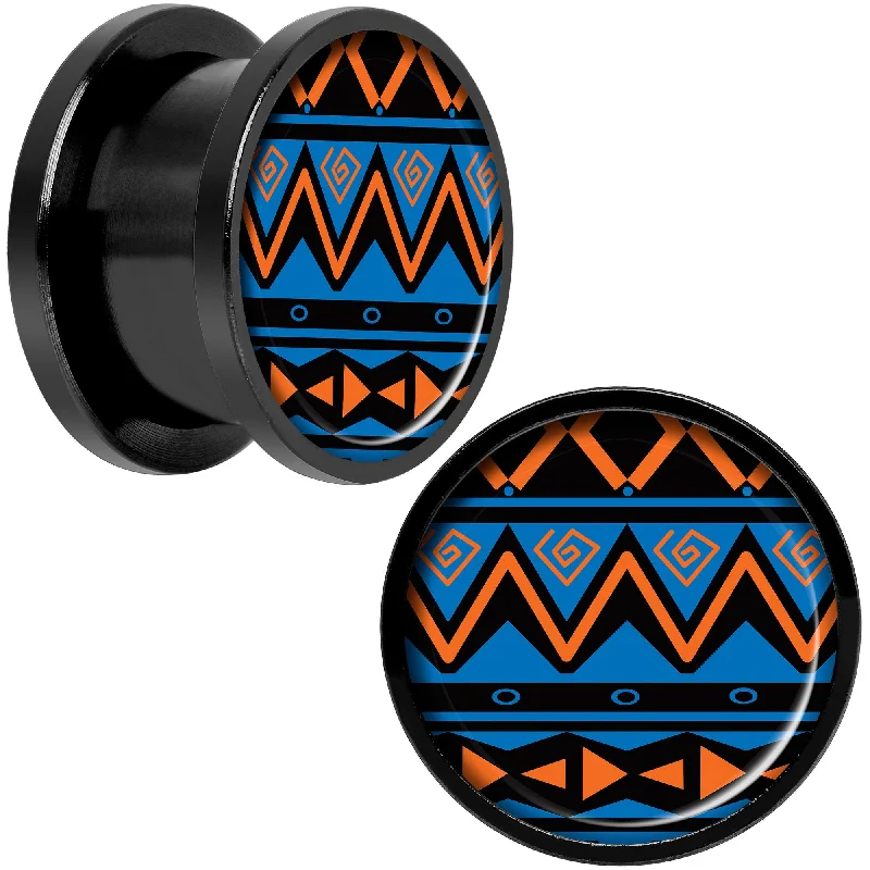 Women's Earrings – Elegant Designs for Every Personality--Blue Orange Tribal Print Black Anodized Screw Fit Plug Set 9/16