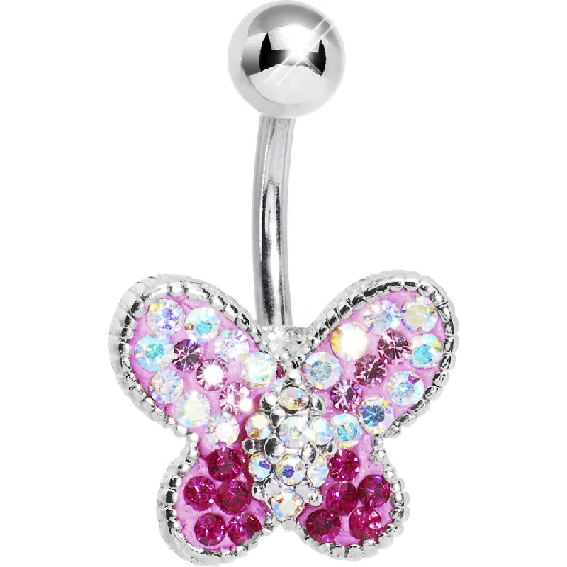 Unique Belly Rings with Artistic Shine -Pink Crystal Bedazzle Butterfly Belly Ring