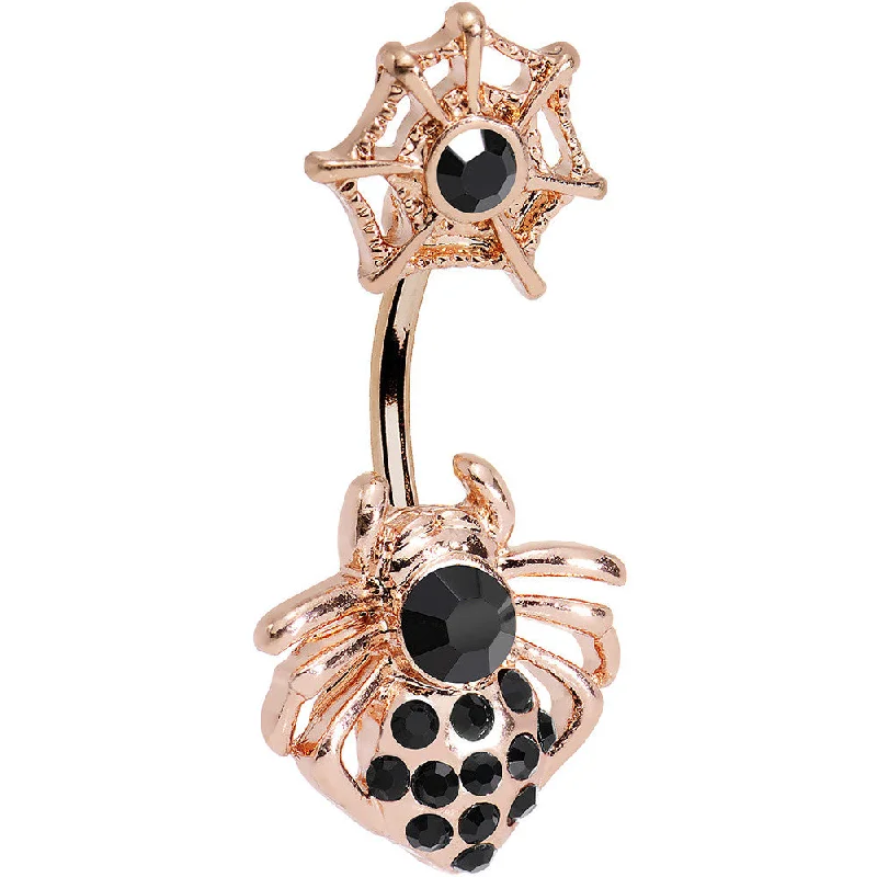 Trendy Belly Rings for Modern Fashionistas -Black Gem Rose Gold Anodized Spider and Web Double Mount Belly Ring Trendy Belly Rings for Modern Fashionistas -Black Gem Rose Gold Anodized Spider and Web Double Mount Belly Ring