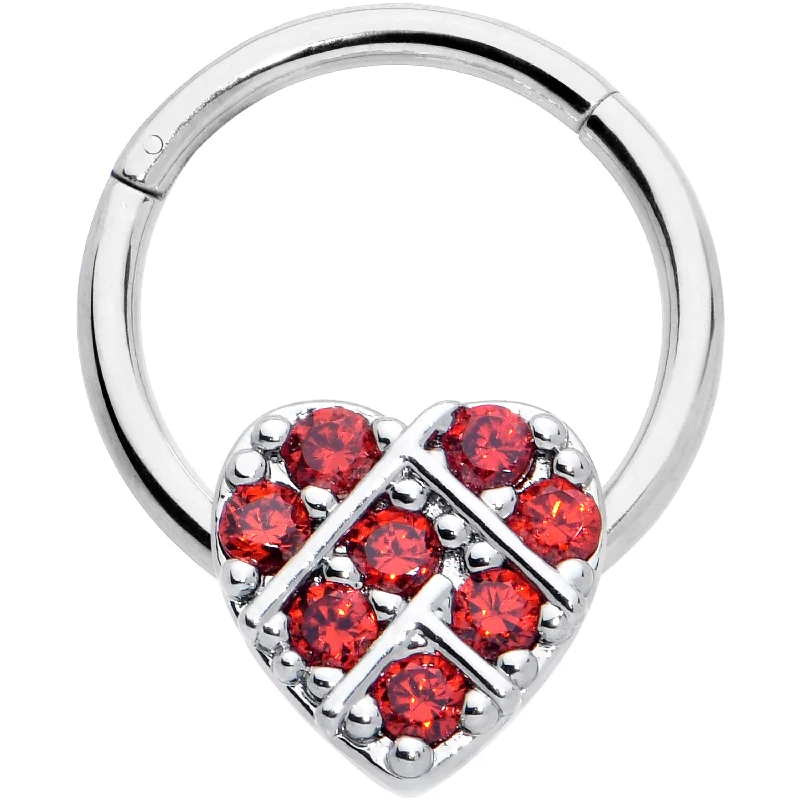 Women's Earrings – Elegant Designs for Every Personality--16 Gauge 3/8 Red CZ Gem Lattice Heart Hinged Segment Ring