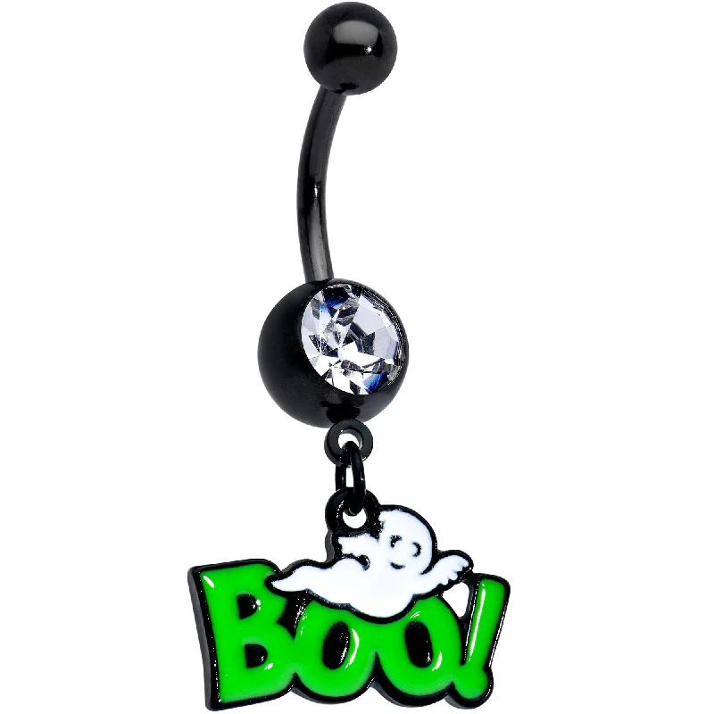 Stylish Belly Rings for Glamorous Look -Clear Gem Black Green Boo Ghost Halloween Dangle Belly Ring