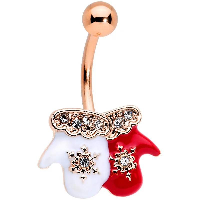 Designer Belly Rings with Custom Features -Clear Gem Rose Gold Tone Winter Mittens Snowflake Christmas Belly Ring Designer Belly Rings with Custom Features -Clear Gem Rose Gold Tone Winter Mittens Snowflake Christmas Belly Ring