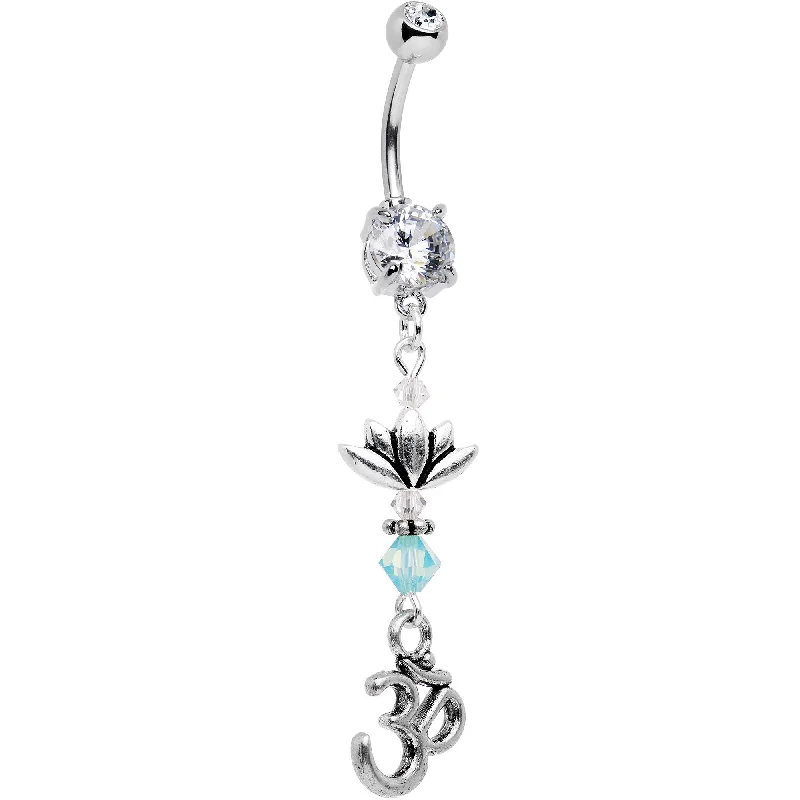 Unique Belly Rings with Sparkling Features -Ohm Lotus Flower Dangle Belly Ring Created with Crystals Unique Belly Rings with Sparkling Features -Ohm Lotus Flower Dangle Belly Ring Created with Crystals