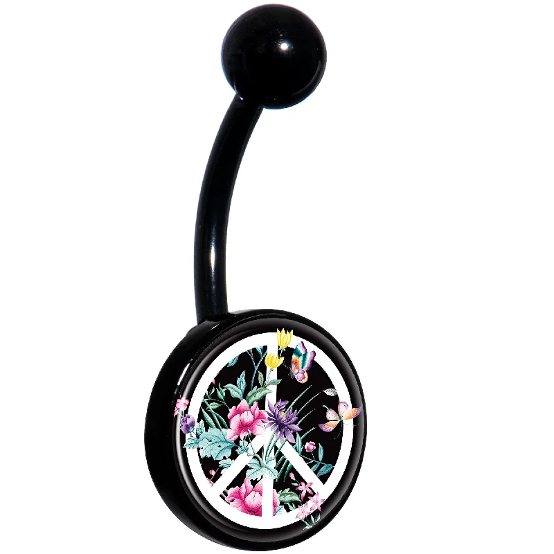 Belly Rings for Fashionable Women -Floral Peace Sign Black Belly Ring