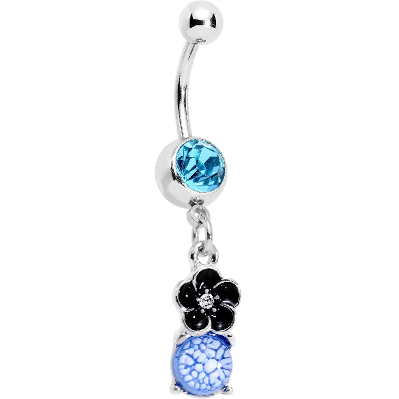 Belly Rings for a Perfect Fit -Aqua Gem Blue White Cracked Orb Black Garden Flower Dangle Belly Ring Belly Rings for a Perfect Fit -Aqua Gem Blue White Cracked Orb Black Garden Flower Dangle Belly Ring