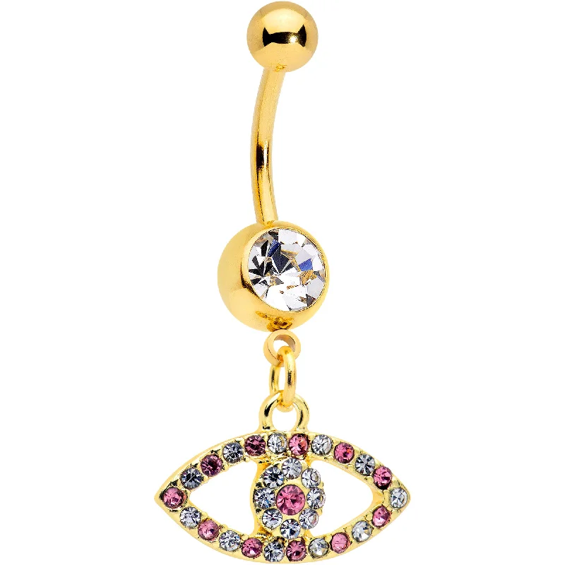 Belly Rings for Elegant Fashion -Pink Clear Gem Gold Tone Wide Eye Dangle Belly Ring Belly Rings for Elegant Fashion -Pink Clear Gem Gold Tone Wide Eye Dangle Belly Ring