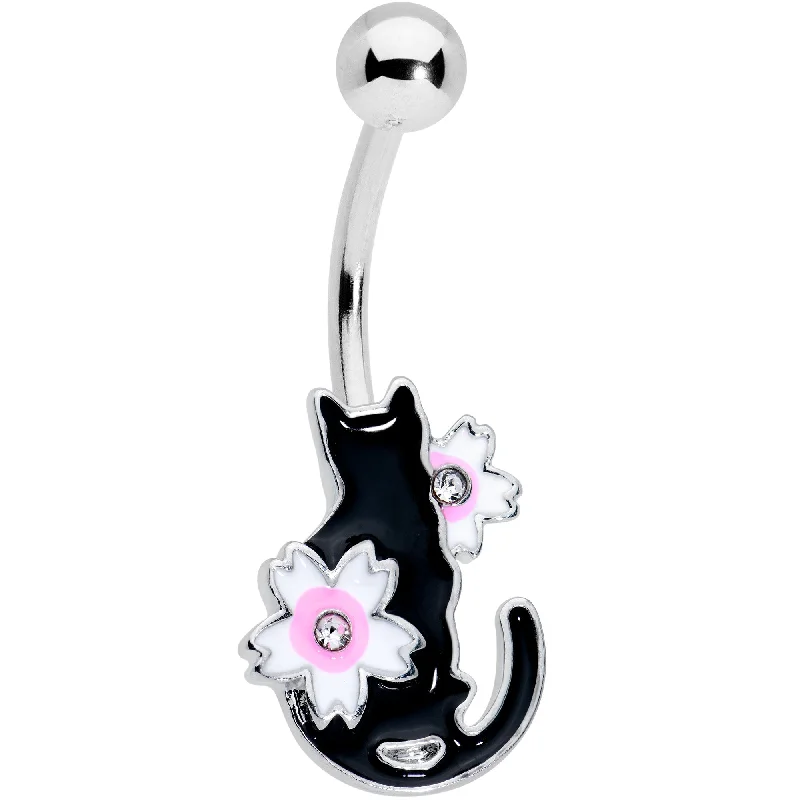 Stylish Belly Rings with Creative Detailing -Clear Gem Black Cat Pink Flowers Belly Ring Stylish Belly Rings with Creative Detailing -Clear Gem Black Cat Pink Flowers Belly Ring