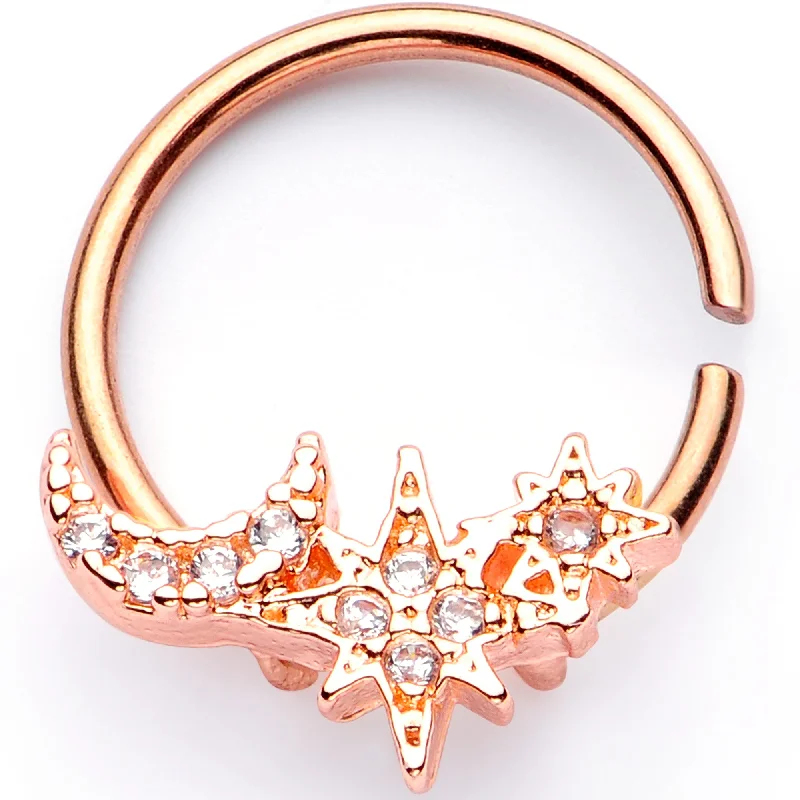 Lip Rings for Trendy Piercing Styles16 Gauge 3/8 Clear CZ Gem Rose Gold Tone Moon Stars Closure Ring Lip Rings for Trendy Piercing Styles16 Gauge 3/8 Clear CZ Gem Rose Gold Tone Moon Stars Closure Ring