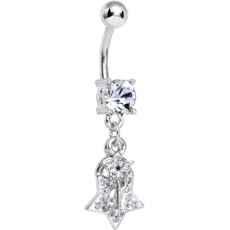 Belly Rings with Unique Stone Patterns -Clear Gem Double Dazzling Star Lock and Key Dangle Belly Ring Belly Rings with Unique Stone Patterns -Clear Gem Double Dazzling Star Lock and Key Dangle Belly Ring