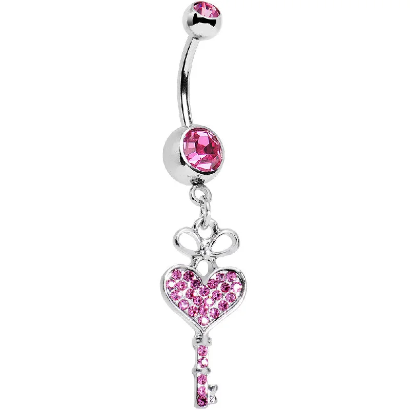 Comfortable Belly Rings for Unique Fashion -Pink Gem Have a Heart Hold the Key Dangle Belly Ring Comfortable Belly Rings for Unique Fashion -Pink Gem Have a Heart Hold the Key Dangle Belly Ring
