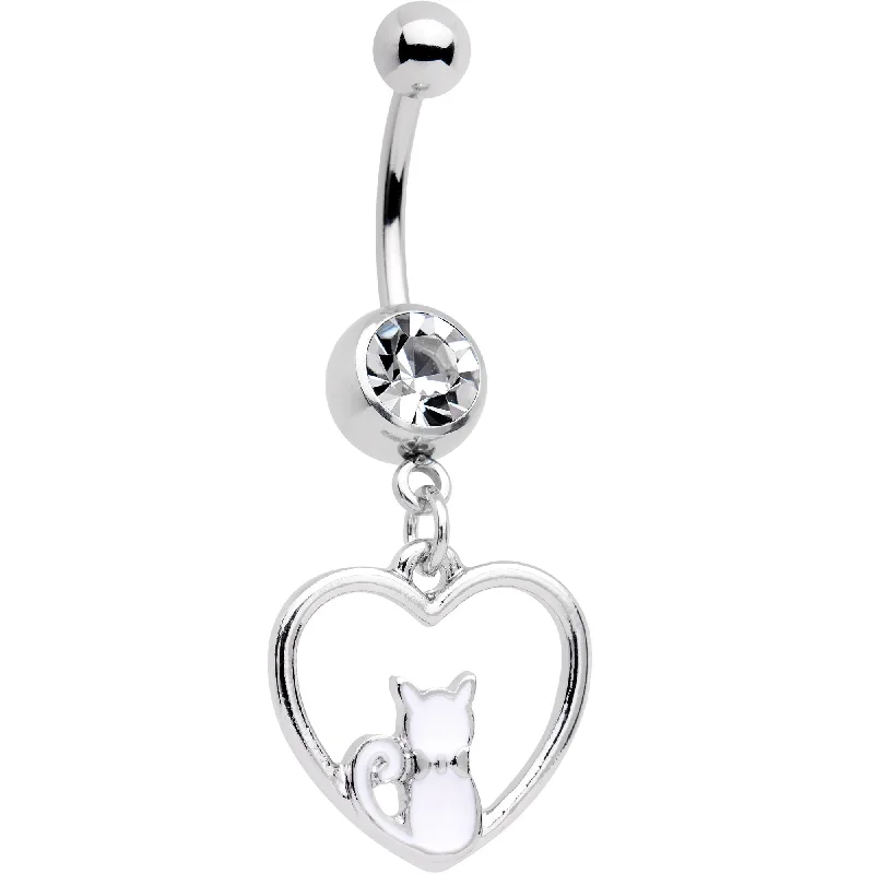Elegant Belly Rings for Classy Style -Clear Gem Got Your Heart White Cat Dangle Belly Ring Elegant Belly Rings for Classy Style -Clear Gem Got Your Heart White Cat Dangle Belly Ring