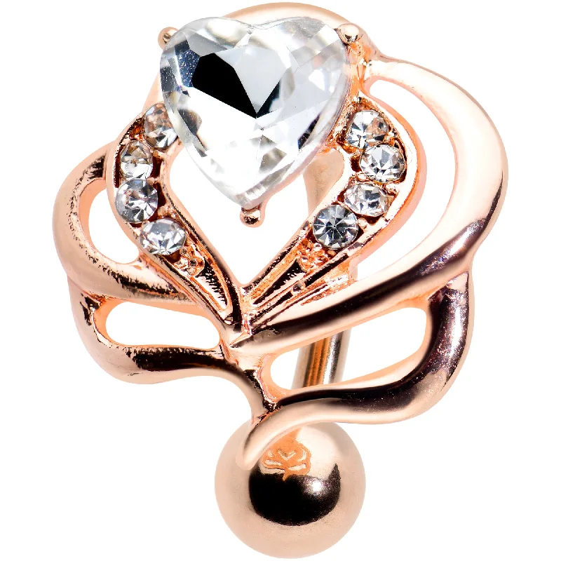 Stylish Belly Rings with Elegant Detailing -Clear Gem Rose Gold Tone Swirls Heart Top Mount Belly Ring Stylish Belly Rings with Elegant Detailing -Clear Gem Rose Gold Tone Swirls Heart Top Mount Belly Ring