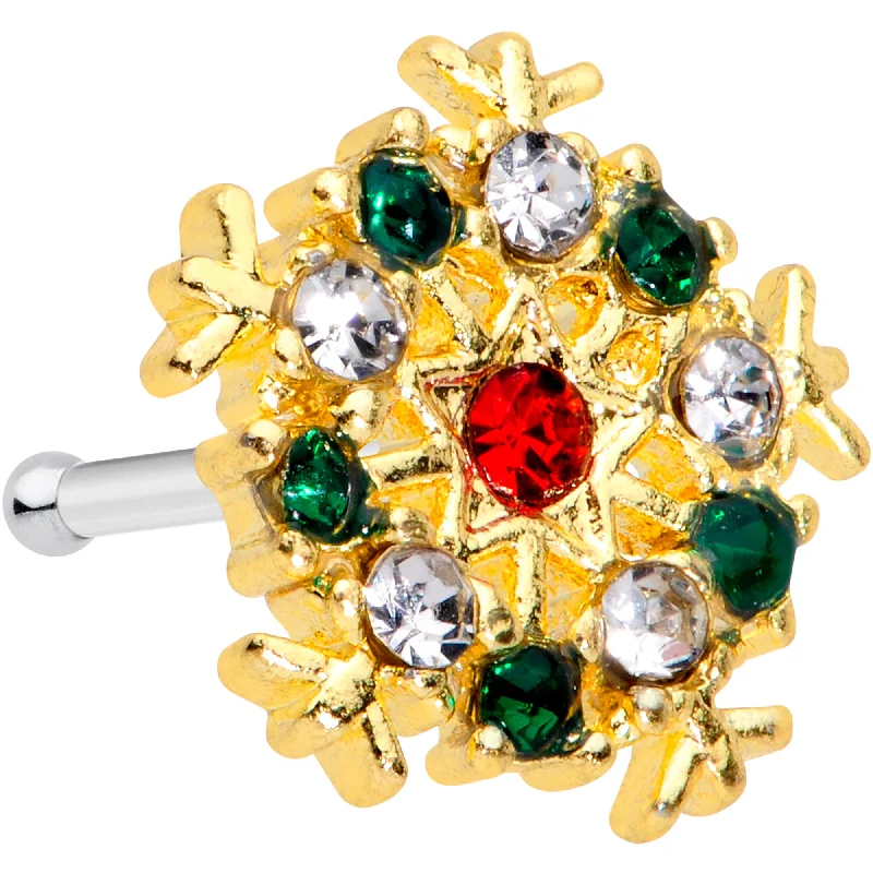 Nose Rings for Everyday Fashion -20 Gauge 7mm Red Green Gem Gold Tone Snowflake Christmas Nose Bone Nose Rings for Everyday Fashion -20 Gauge 7mm Red Green Gem Gold Tone Snowflake Christmas Nose Bone
