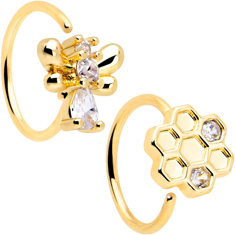 Beautiful Nose Rings with Unique Charms -20 Gauge 5/16 Clear CZ Gem Gold Tone Bee Hive Luv Nose Hoop Set of 2 Beautiful Nose Rings with Unique Charms -20 Gauge 5/16 Clear CZ Gem Gold Tone Bee Hive Luv Nose Hoop Set of 2