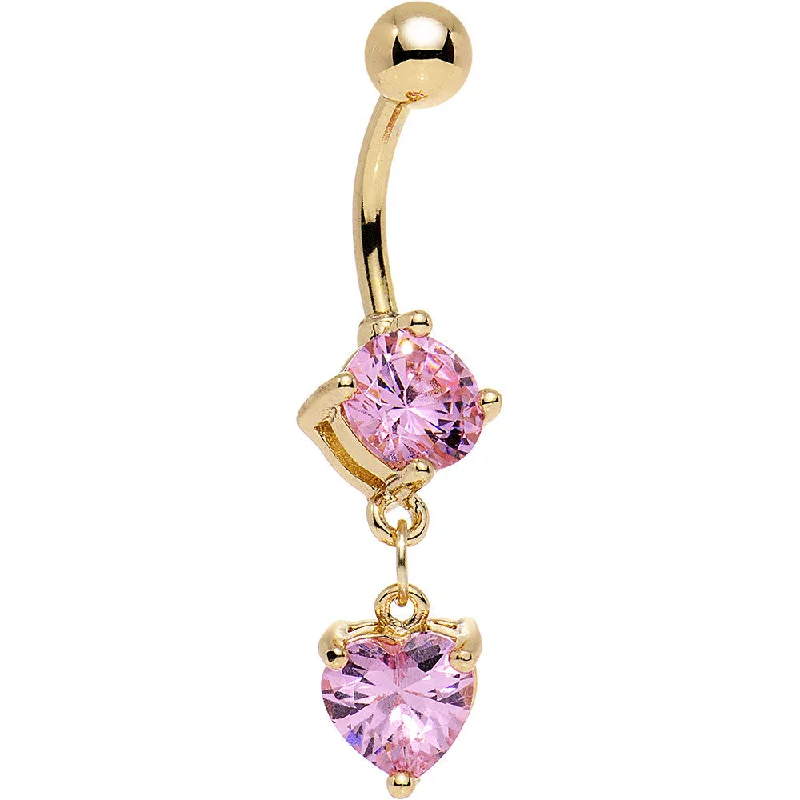 Unique Belly Rings with Glittering Stones -Pink Gem Gold Anodized Drop Me a Line Heart Dangle Belly Ring Unique Belly Rings with Glittering Stones -Pink Gem Gold Anodized Drop Me a Line Heart Dangle Belly Ring