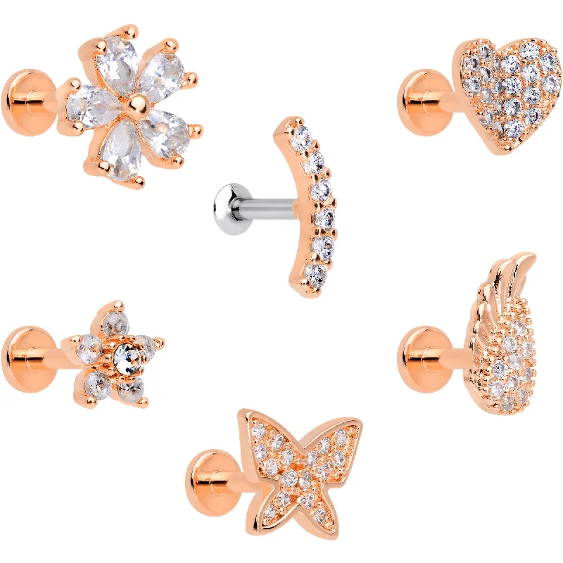 Comfortable and Chic Lip Rings16 Gauge 1/4 CZ Rose Gold Tone Internal Thread Labret Tragus Set of 6